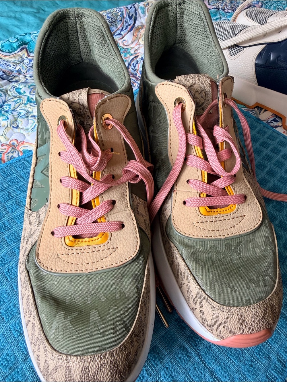 Michael Kors Olive Green, Beige & Pink Logo Runner Sneakers